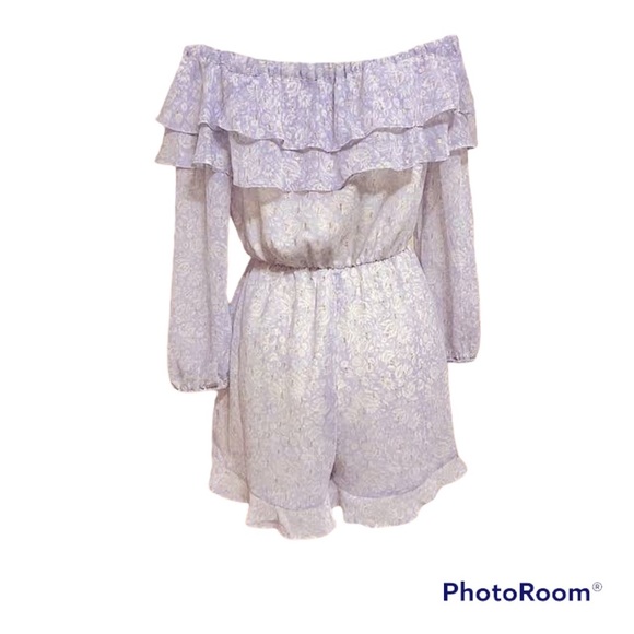 Express Floral Metallic Clip Dot Off Shoulder Romper - Picture 2 of 9